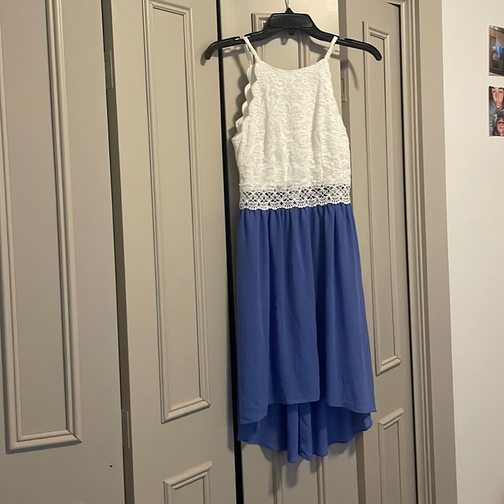 light blue violet high low dress with white lace top size 1